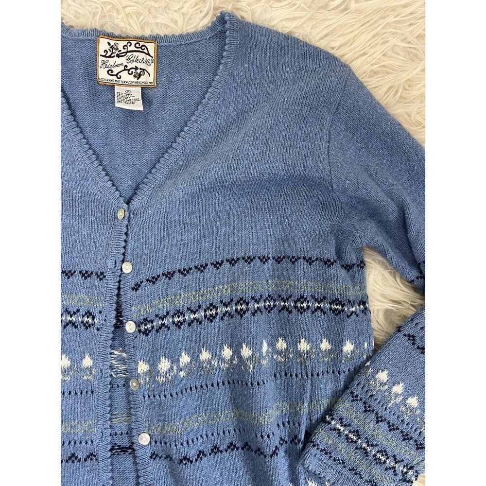 Heirloom Collectibles Vintage Small Fair Isle Blue Cotton Cardigan Sweater - Picture 8 of 8